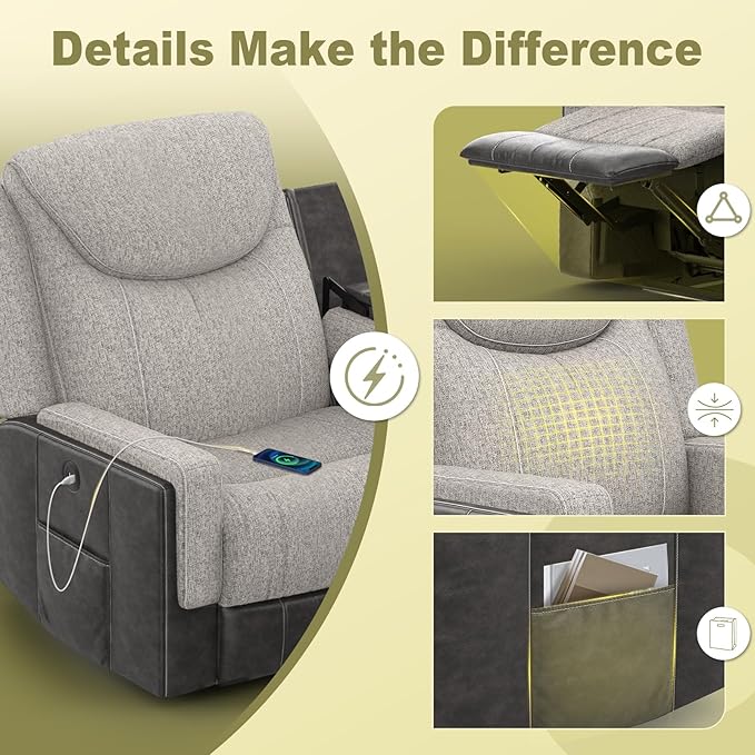 Manual Recliner Sectional Sofa for Living Room, Corner Couch with Flip Middle Backrest, USB Ports & Cup Holders, Grey Linen & Chocolate Leather, 5 Seater Sectional Couch