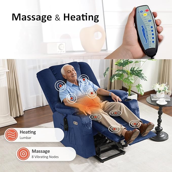 MCombo Large Power Lift Recliner Chair Sofa with Massage and Heat for Big and Tall Elderly People, 3 Positions, Cup Holders, and USB Ports, Fabric 7549 (Large, Navy Blue)