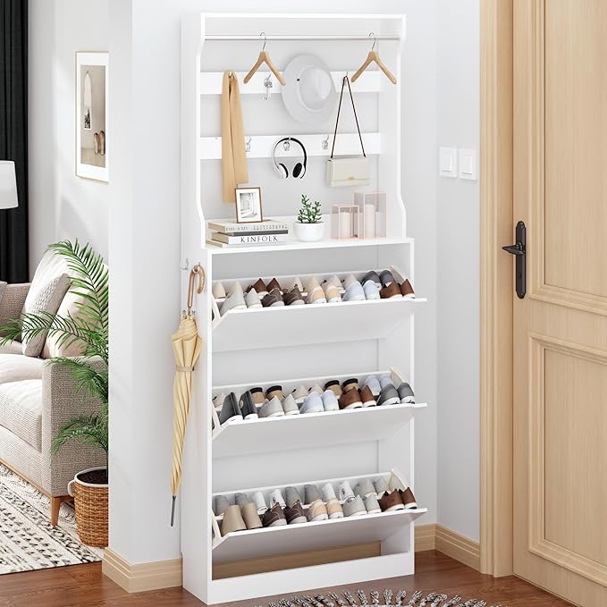 Shoe Cabinet for Entryway with 3 Flip Drawers, White Tall Wood Shoe Storage Cabinet with Coat Rack, Narrow Hidden Slim Freestanding Shoe Rack Organizer, 2 in 1 Hall Tree for Living Room, Hallway