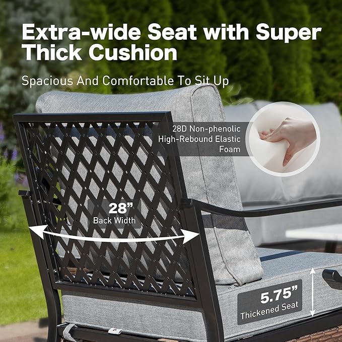 5 Piece Metal Outdoor Patio Furniture Set, Patio Conversation Set with 1 3-Seater Sofa, 2 Fixed Sofa with 5.75" Thick Cushion & Coffee Table, Black & Gray Backyard Furniture