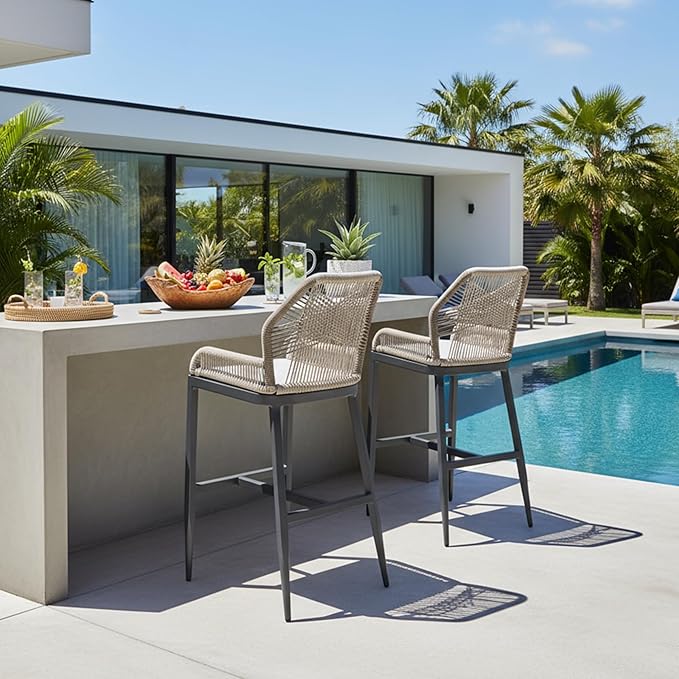 PURPLE LEAF 2 Pieces Bar Stools Patio Modern Rattan Barstools Aluminum Woven Tall Bar Chairs with Cushions for Outdoor Kitchen Island Garden