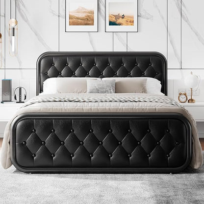Full Size Metal Bed Frame with Button Tufted Leather Upholstered Headboard and Footboard, U-Shape Support Foundation, No Box Spring Required, Black