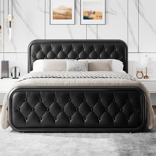 Full Size Metal Bed Frame with Button Tufted Leather Upholstered Headboard and Footboard, U-Shape Support Foundation, No Box Spring Required, Black