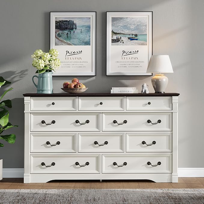Yaamizz 60" Wide 10 Drawer Dresser Storage for Bedroom, Farmhouse Dresser with Wood Pilasters & Metal Handles, Drawer Organizer for Bedroom, Vintage Design, Hallway, White