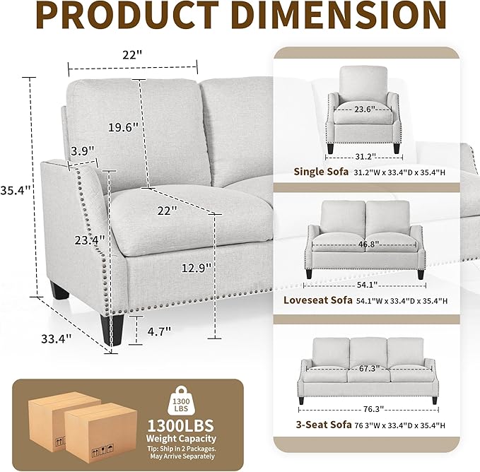 3 Piece 6-Seater Living Room Sofa Set, Modern Upholstered 3-Seater Sofa, Loveseat & Armchair, Handmade Nailhead Trim, Ergonomic Deep-Seat Couch for Living Room, Bedroom, Apartment, Beige