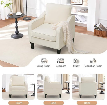 Accent Chairs Set of 2, Upholstered Living Room Chairs with Side Pockets, Mid Century Modern Reading Chair for Bedroom, Comfy Armchair Single Sofa Side Chair for Office, Small Room, Beige
