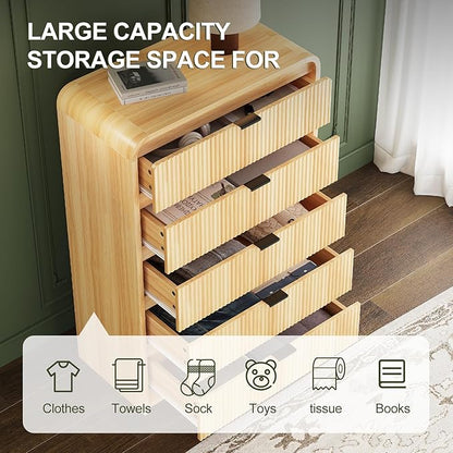 FURSUN Fluted 5 Drawers Dresser for Bedroom, 48" Tall Wooden Modern Dresser with Metal Handle, Curved Profile Design, Storage Organizer for Bedroom, Hallway (Natural Oak)