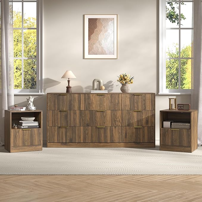 3-Piece Modern Bedroom Furniture Set, Wide 9-Drawer Dresser & 1-Drawer Nightstands Set of 2, Natural Wood Dresser and Nightstand Sets for Bedroom, Hallway, Walnut