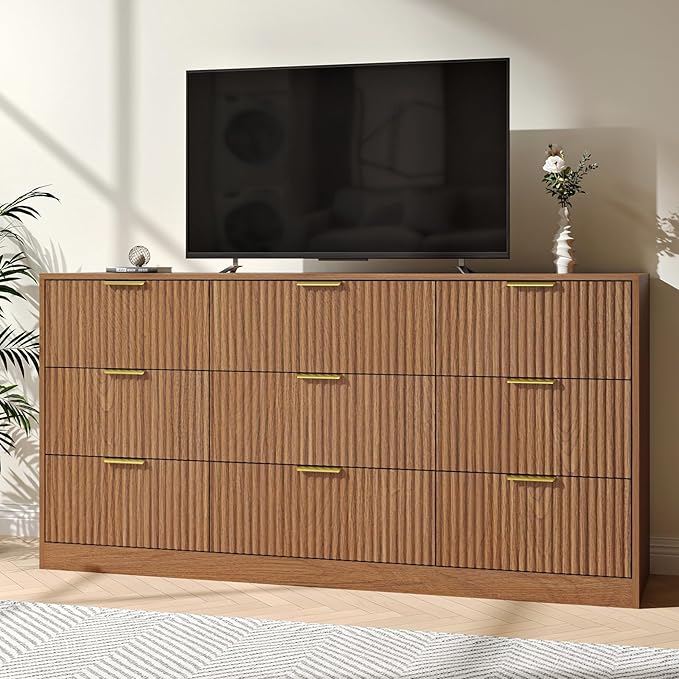 Fluted Dresser for Bedroom with 9 Drawer, 63” Wide Wooden Dresser Mid Century Chest of Drawers with Handle, Dressers TV Stand Storage Organizer for Bedroom, Living Room, Natural Wood