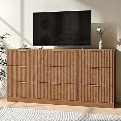 Fluted Dresser for Bedroom with 9 Drawer, 63” Wide Wooden Dresser Mid Century Chest of Drawers with Handle, Dressers TV Stand Storage Organizer for Bedroom, Living Room, Natural Wood
