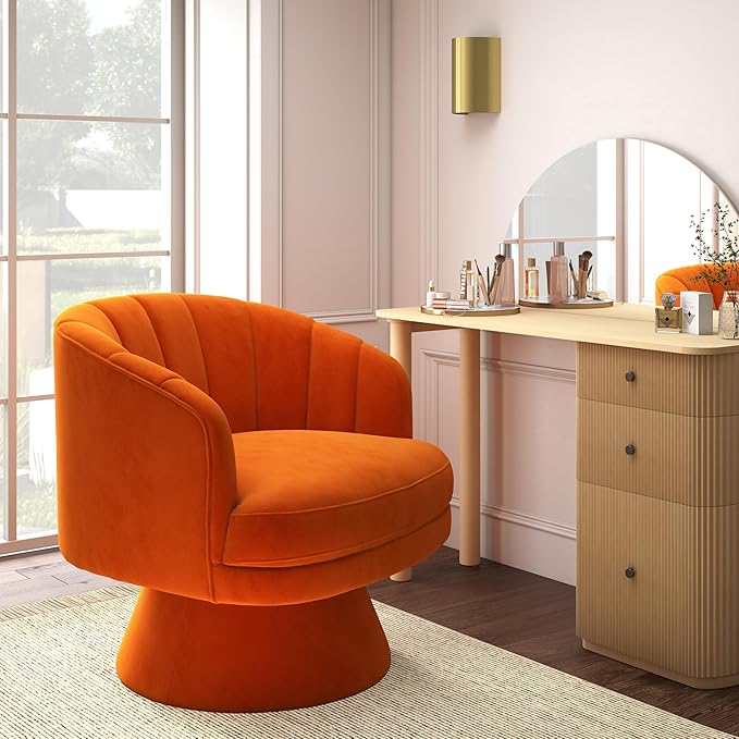Swivel Accent Chair,Upholstered Velvet 360° Swivel Barrel Chair for Living Room Overstuffed Bouncle Reading Chair Round Armchair for Bedroom,Vanity,Office (Orange)