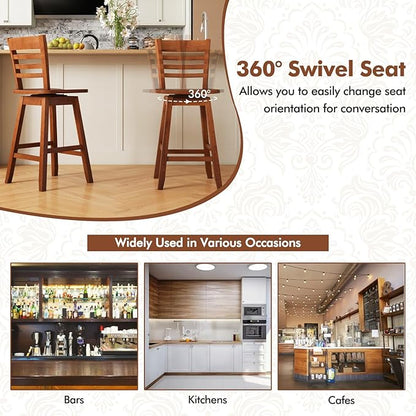 COSTWAY Bar Stools Set of 4, 24.5 Inch Swivel Counter Height Bar Chairs with Hollow Backrest & Contoured Seat, with Footrest for Kitchen Island, Pub, Bistro, Cafe (4, Walnut)