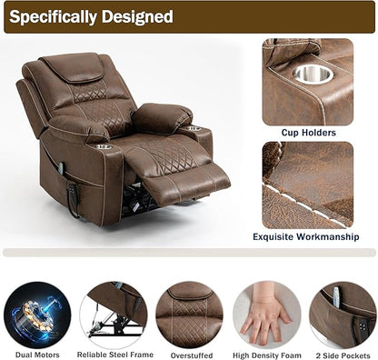Dual Motor Power Lift Recliner Chair Sofa with Massage and Heating for Big Elderly Adults People, Lay Flat Lift Chair, Infinite Position, 2 Cup Holders, 2 Side Pockets, Lumbar Pillow