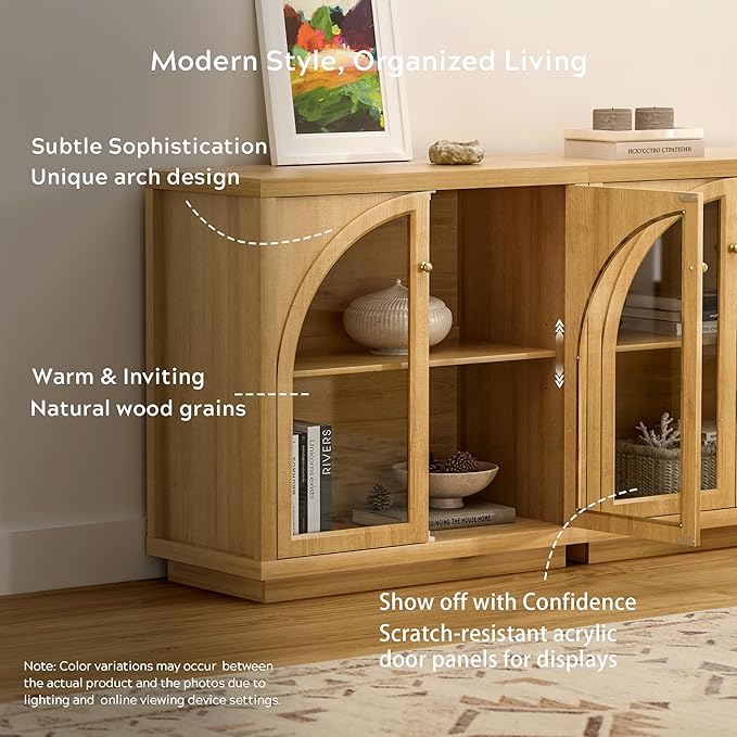 Sideboard Buffet Cabinet Set of 3, Storage Cabinet with Adjustable Shelf Modular Accent Display Case with Acrylic Doors Console Table for Living Room Kitchen Entryway, Natural Oak