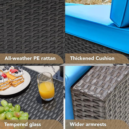 Devoko 7 Pieces Outdoor Sectional Sofa Patio Furniture Sets Manual Weaving Wicker Rattan Patio Conversation Sets with Cushion and Glass Table (Blue)