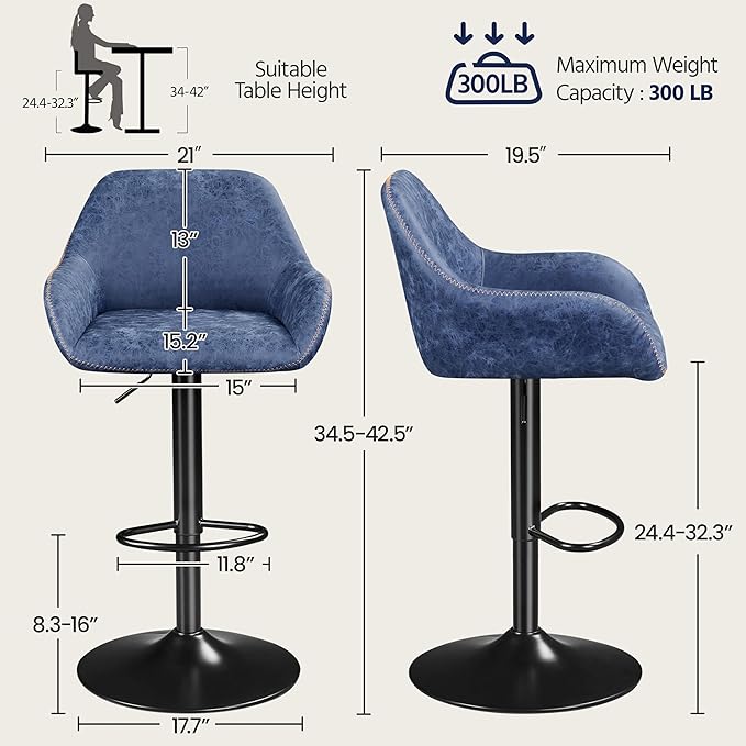 Yaheetech Bar Stools Set of 2, PU Leather Swivel Counter Height Barstools, Adjustable Bar Chairs with Backrest and Footrest, Kitchen Island Stool for Home Kitchen, Blue