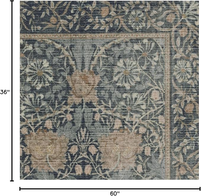RUGGABLE x Morris & Co Washable Area Rug – Honeysuckle & Tulip Blue 3x5, Stain-Resistant, Non-Slip – Small Machine Washable Rugs for Living Room, Bedroom, Hallway, Entryway & Office–with Standard Pad