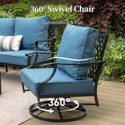 4 Piece Metal Outdoor Patio Furniture Set, Patio Conversation Sets 1 3-seater Sofa, 2 Swivel Chair with 5.75" Extra Thick Cushion and Coffee Table, Black Frame Backyard Furniture, Navy