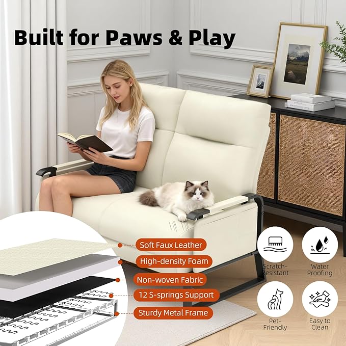 Faux Leather Loveseat, Upholstered Loveseat with Side Tray Table & Storage Pocket, Small Loveseat for Living Room, Modern 2 Seater Sofa Couch for Small Spaces, Bedroom, Beige