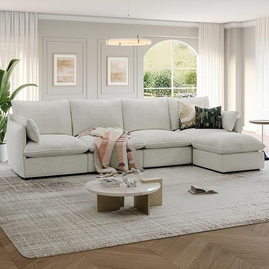 124" Cloud Modular Sectional Sofa, Waterproof Down Filled Sectional Couch, High Backrest L Shaped 4 Seater Couch with Ottoman, Modern Modular Sofas with Removable Cover, Cream White