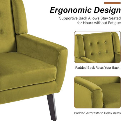Lumibee Accent Chair, Modern Velevet Armchair for Living Room, Comfy Upholstered Arm Chair Tufted for Indoor Bedroom Office Room (Green Velvet)