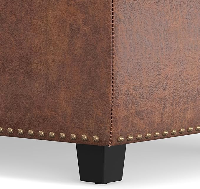 SIMPLIHOME Hamilton 48 inch Wide Transitional Rectangle Storage Ottoman in Distressed Umber Brown Vegan Faux Leather, Assembled, For the Living Room, Entryway and Family Room