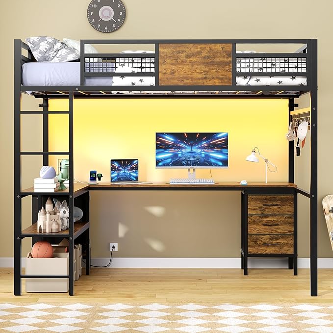 ADORNEVE Loft Bed Full Size with L-Shaped Desk, 3 Storage Drawers, Power Outlet, 3 Storage Shelves, Metal Loft Bed Frame with RGB Lights, Bed with Safety Guardrail & Ladders,Space-Saving,Rustic Brown