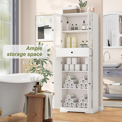 Tall Bathroom Storage Cabinet with Glass Doors, 67" Tall Freestanding Linen Cabinet with Adjustable Shelves, Floor Standing Organizer for Bathroom, Living Room, Kitchen, (White)