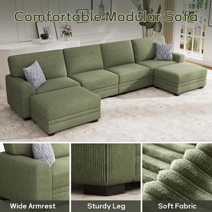 Wanderwell Oversized Modular Sectional Sofa, 6-Seater U Shaped Couches with Movable Ottoman,Corduroy Sectional Couch with Wide and Deep Seats Suitable for Living Room,Bedroom,Apartment (Olive, U-6)