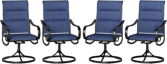 PHI VILLA Patio Swivel Dining Chairs Set of 4, All Weather Outdoor Chair with Padded Textilene & Black Metal Frame for Outdoor Lawn Garden Poolside (Blue)