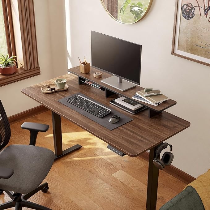 FEZIBO One-Piece Standing Desk Adjustable Height Stand up Home Office Desk, 55x24 Inch Electric Standing Computer Desk, with 4 Memory Presets, Headphone Hook, Black Walnut