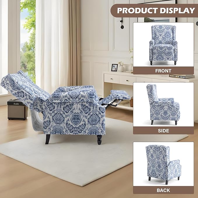 UIXE Pushback Floral Recliner Chair, Fabric Upholstered Armchair Push Back Accent Chair for Living Room, Rivet Trim Club Chair Home Theater Single Sofa Bedroom Reading Seat - Navy