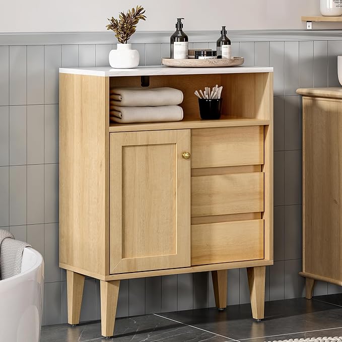 Small Bathroom Floor Cabinet with 3 Drawers Toilet Cabinet with Sliding Door Farmhouse Side Storage Organizer Cabinets with Faux Marble Top for Kitchen, Living Room， Natural Oak