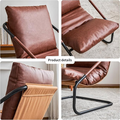 27.56-inch Wide Comfortable Living Room Armchair，Vintage-Style Lounge Chair，with deep Brown Leather Cushion and Metal Frame.