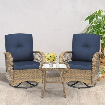 VIVIJASON 3-Piece Outdoor Conversation Bistro Set, Patio Swivel Glider Rocking Chairs Rattan Furniture Sets w/ 2 Rattan Chairs, Cushions, Glass Top Side Table for Porch Backyard, Navy Blue