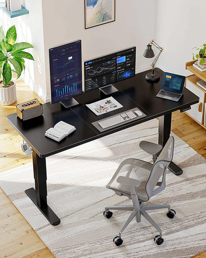 HUANUO 60x30 Inch 3-Stage Legs Electric Standing Desk, Large Height Adjustable Office Desk with Brushless Motor, Stand Up Desk with 4 Memory Presets & 2 Hooks, Computer Desk for Home Office, Black