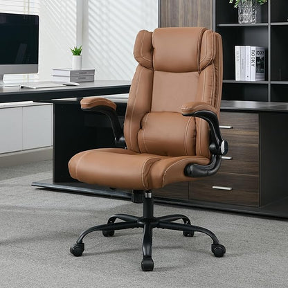 Office Desk Chair,Ergonomic Conference Room Chairs,Mid Back Executive Leather Chair,Comfy Computer Desk Chairs with Adjustable Flip-Up Arms and Rocking Function (Brown)