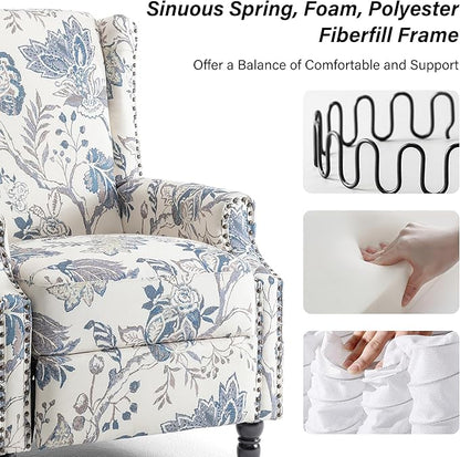 Recliner Chair, Upholstered Wingback Floral Pushback Armchair with Adjustable Backrest & Footrest, Comfy Accent Chair Reading Single Sofa for Small Spaces, Living Room, Bedroom (Plants Blue, Set of 1)