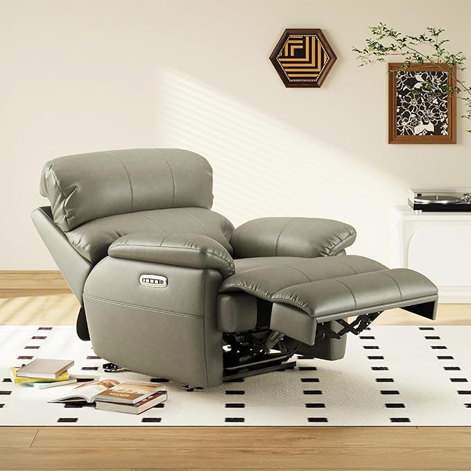 COLAMY Triple Motors Power Recliner Chair with Power Headrest & Lumbar Support Independent Adjustment for Living Room, Leather Electric Recliner Sofa Chair, Gray
