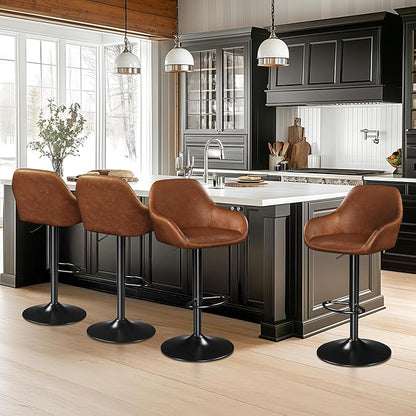 Yaheetech Bar Stools Set of 4, PU Leather Swivel Counter Height Barstools, Adjustable Bar Chairs with Backrest and Footrest, Kitchen Island Stool for Home Kitchen, Retro Brown