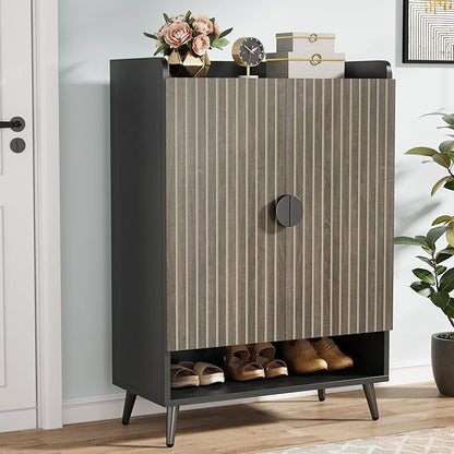 Tribesigns Shoe Cabinet with Doors, 7-Tier Shoe Storage Cabinet with Adjustable Shelves, Wooden Shoes Rack Shoe Storage Organizer for Entryway, Hallway, Closet, Living Room, Gray