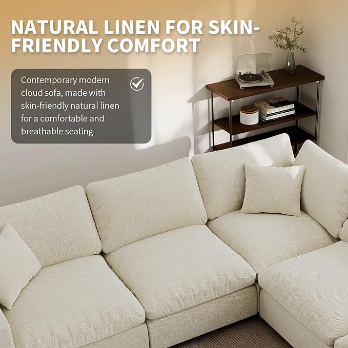 Cloud Sectional Linen Couch for Living Room V-Shape Sofas,5 Seat Modern Modular Sofas,Couches Cushion Covers Removable,Cozy Down Filled Sofa for Apartment Beige