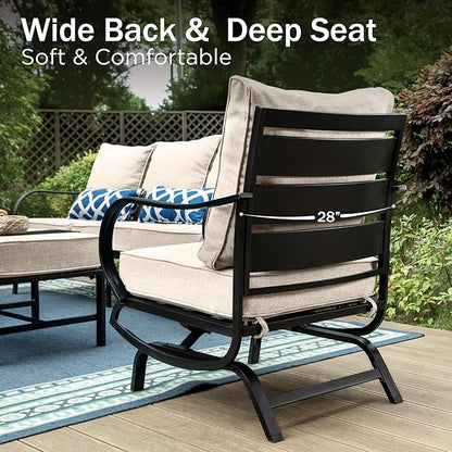 PHI VILLA 5 Pcs Patio Furniture Set with 1 x 72 Padded Deep Seating Bench Sofa, 2 x Cushioned C-Base Sofa Chairs and 2 x Metal Cushioned Ottoman, Outdoor Deluxe Furniture Patio Set for Backyard