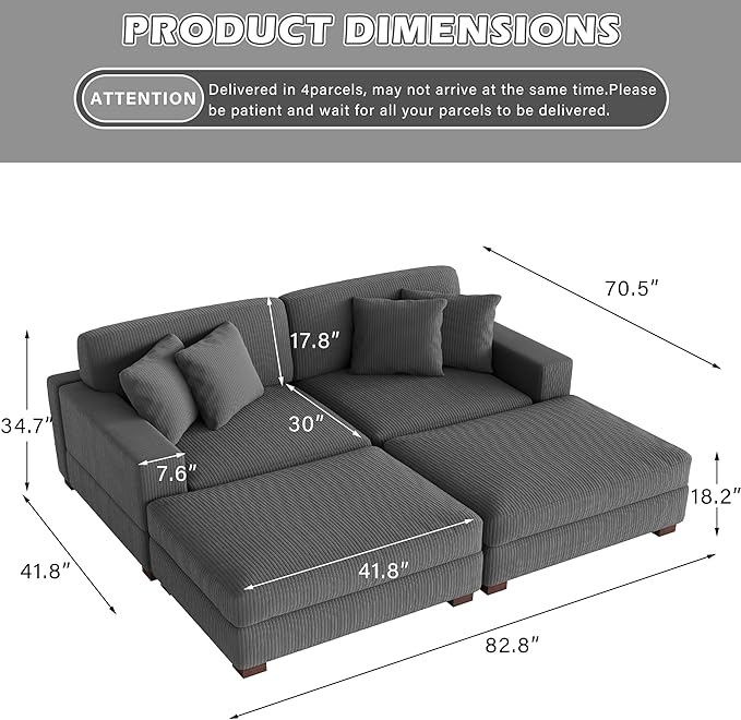 Modular Sectional Couches for Living Room, Modern Loveseat 2-Seater Sofa Couch with Ottoman, Upholstered Couches for Living Room Bedroom, Grey