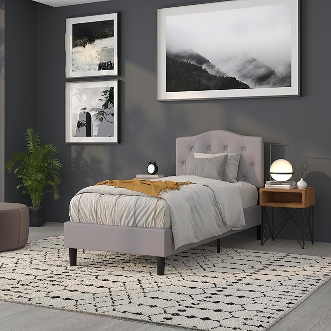 BizChair Arched Button Tufted Twin Size Headboard in Light Gray Fabric
