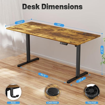 Shahoo 55 Inch Standing Desk, Electric Height Adjustable Computer Desks with Hook and Cable Hole, Rustic Brown