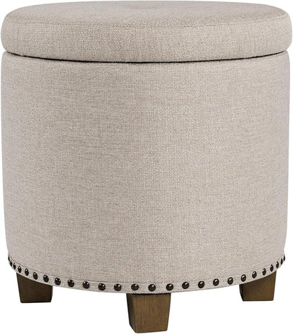 Homepop Home Decor | Upholstered Round Storage Ottoman with Nailheads| Ottoman with Storage for Living Room & Bedroom, Light Brown Fabric