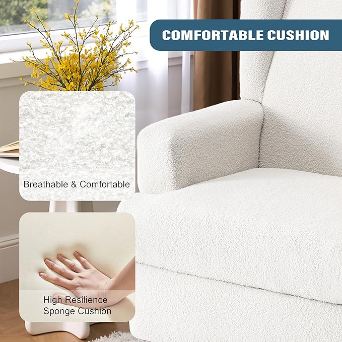 Boucle Swivel Glider Recliner Chairs Set of 2 for Adults - Plush High Back Rockers with Deep Seat, Coordinating Manual Recliners for Living Room, Luxury Upholstered Armchairs-White