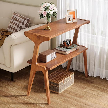 Tribesigns Set of 2 Narrow Side Table, 2-Tier Solid Wood End Table with Storage, Modern Couch Side Table for Living Room, Slim Bedside Table for Bedroom, Small Spaces, Walnut