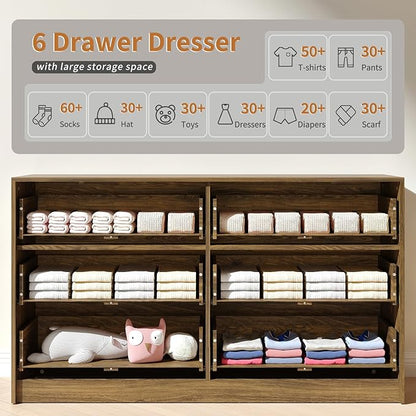 Walnut 6 Drawer Dresser Bedroom,55” Wide Fluted Dresser Wood with Gold Handles,Mid Century Wooden Chest of Drawer for Closet,Bedroom,Living Room,Walnut
